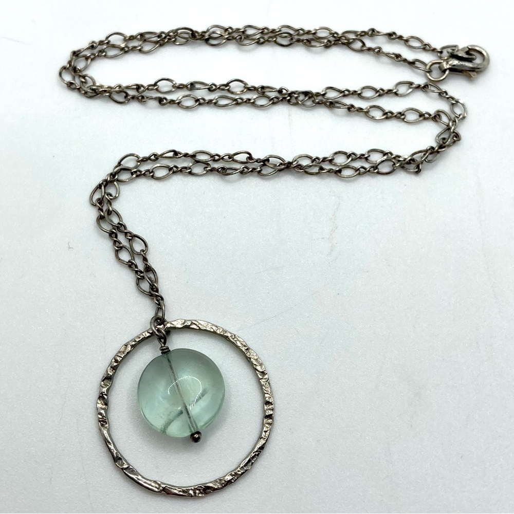 Sterling Silver & Fluorite Pale Blue Green Stone Necklace 18” + 1” Pendent